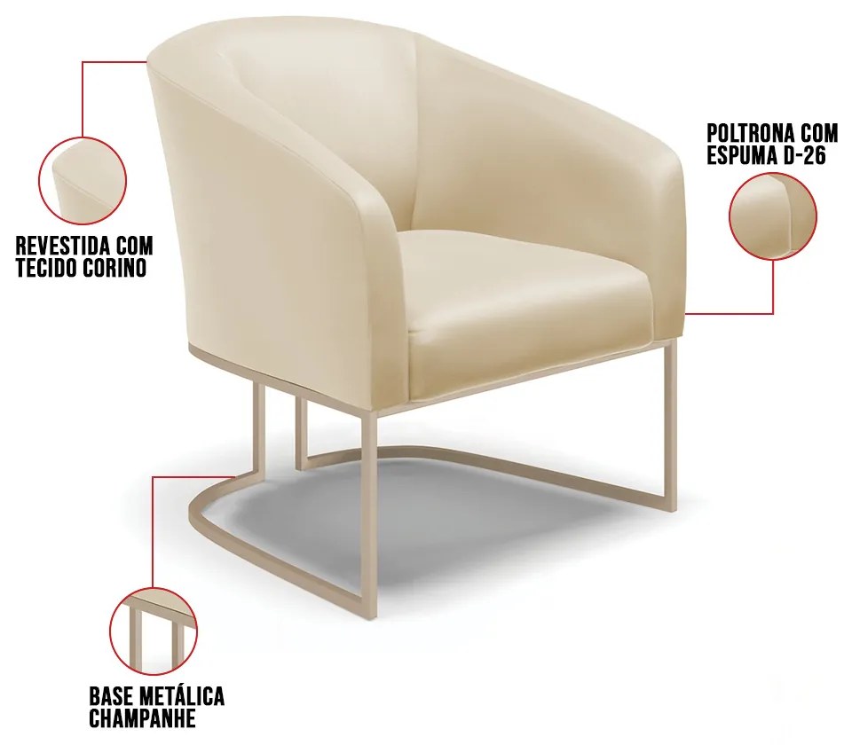 Poltrona Decorativa Stella Base Industrial Champanhe Sintético Bege D03 - D'Rossi