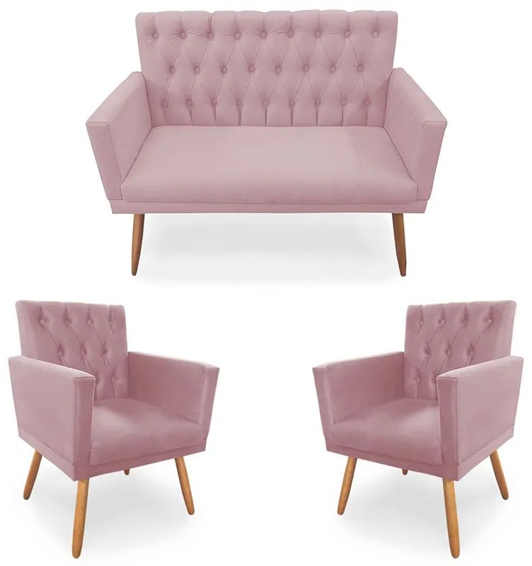 Kit 2 Poltronas 1 Namoradeira Clara Capitonê Pés Palito Suede Rosa - Sheep Estofados