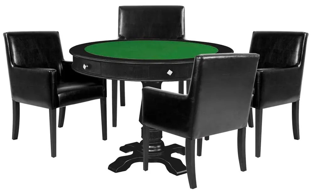 Mesa de Jogos Carteado Victoria Redonda Tampo Reversível Preto com Kit 4 Cadeiras Liverpool PU Sintético Preto Liso G36 G15 - Gran Belo