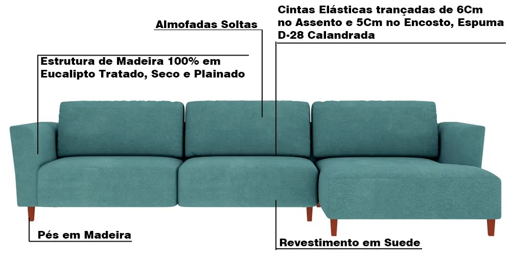 Sofá 370cm com Chaise Direita Franz Suede Turquesa G52 - Gran Belo