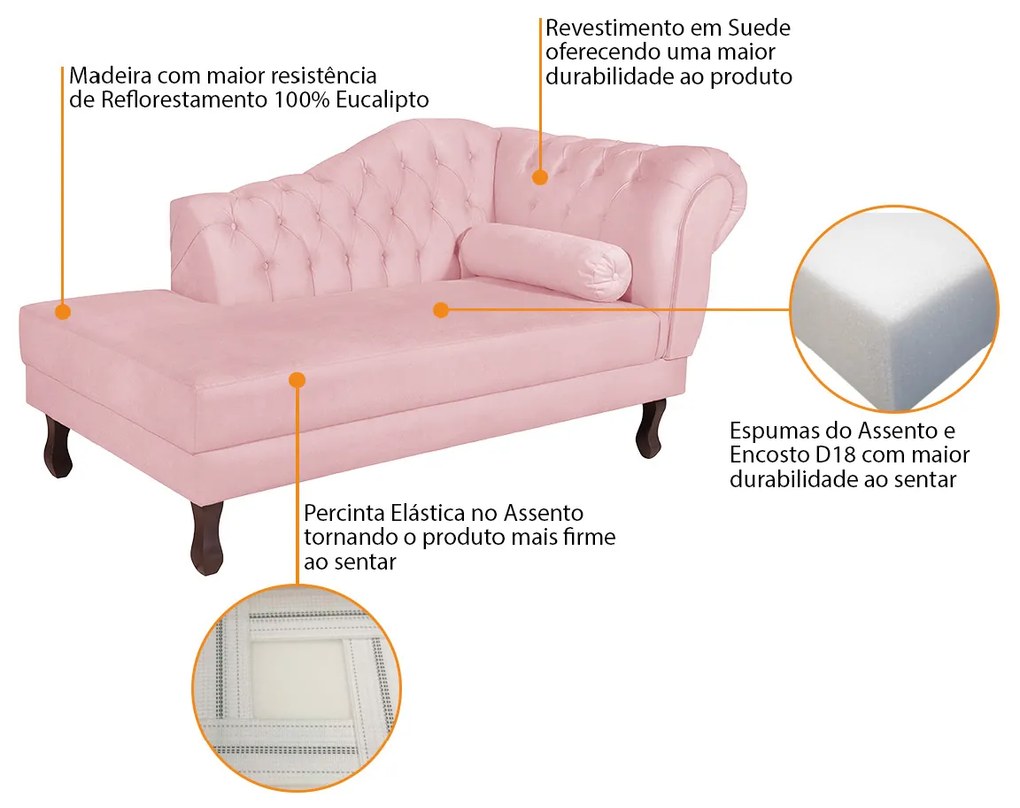 Recamier Diana 140cm Lado Esquerdo Suede Rosa Bebê - ADJ Decor