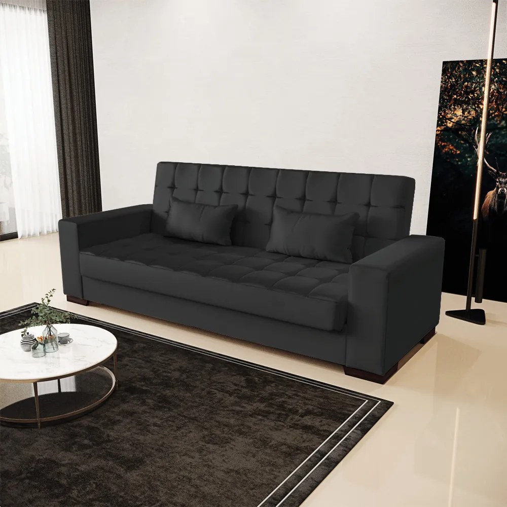 Sofá Cama Casal 3 Lugares 210cm Lisboa Corino Preto  D03 - D'Rossi