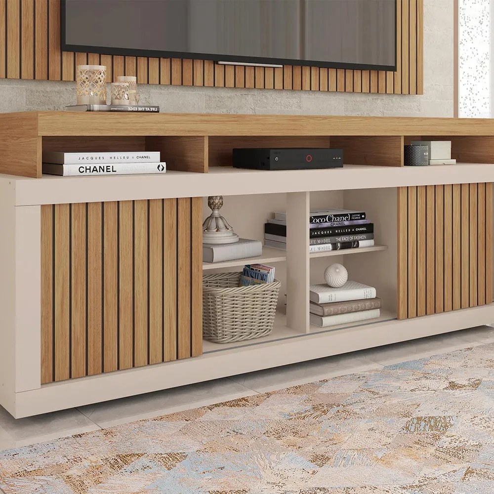 Painel TV 60 Pol 180cm e Bancada com Rodízio Sala Navel C01 - D'Rossi - Buriti/Off White