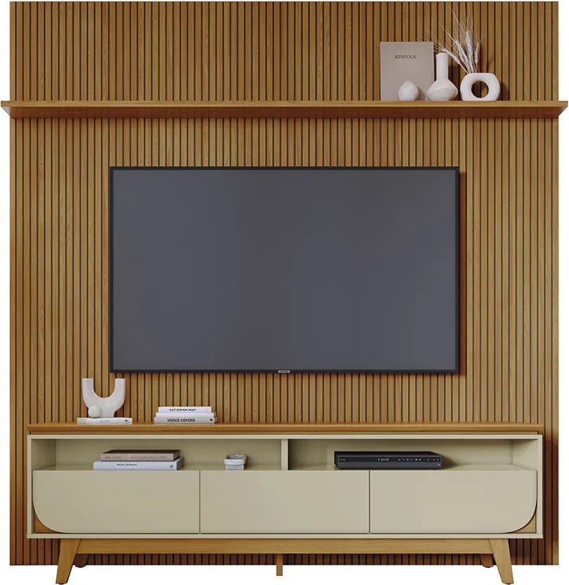 Conjunto Painel com Bancada Andrew 3 Gavetas MDP até 75 Cumaru/Opala G97 - Gran Belo