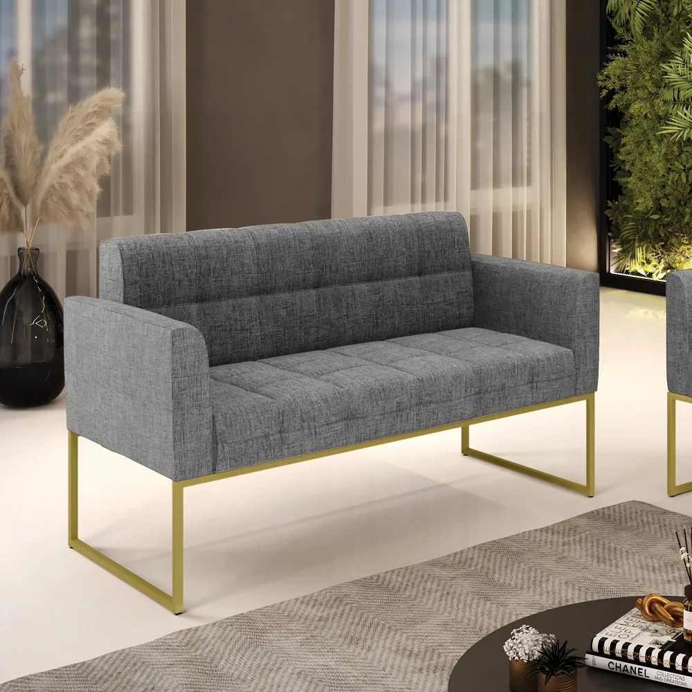 Sofá Namoradeira Elisa Linho Grafite A26 Base Metálica Industrial Dourado - D'Rossi