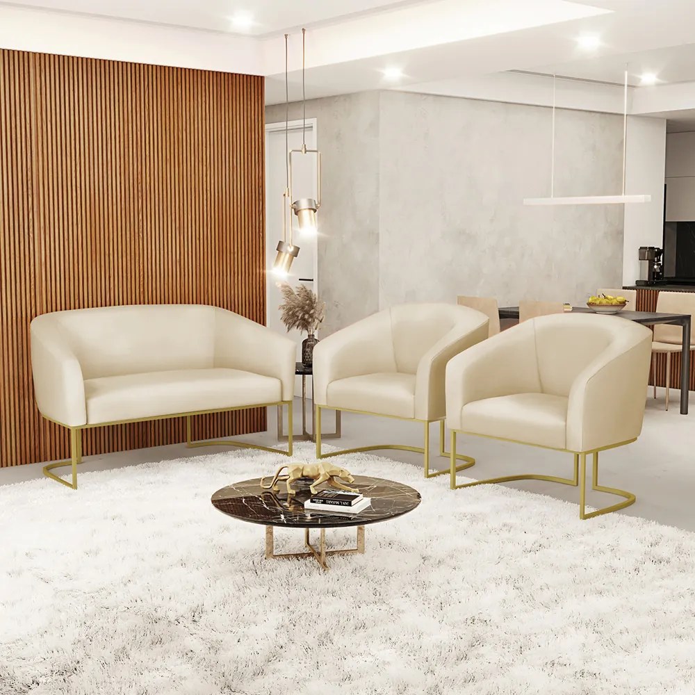 Namoradeira e 2 Poltronas Industrial Dourado Stella Sintético Bege D03 - D'Rossi
