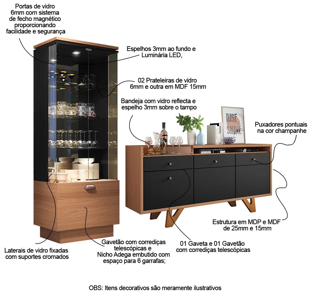 Conjunto Decorativo Cristaleira e Buffet Aparador Peggy/Noeli Preto / Nature G26 - Gran Belo