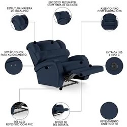 Poltrona do Papai Reclinável Kalie Power Touch USB FH9 PU Azul - Mpoze