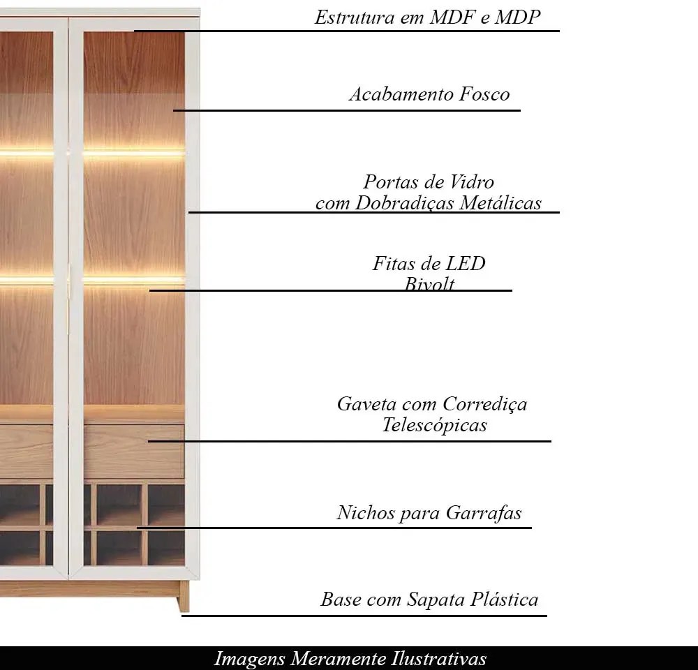 Conjunto Decorativo Cristaleira com Led e Buffet Aparador 160cm Tenerife/Gunga Off White/Freijó G73 - Gran Belo