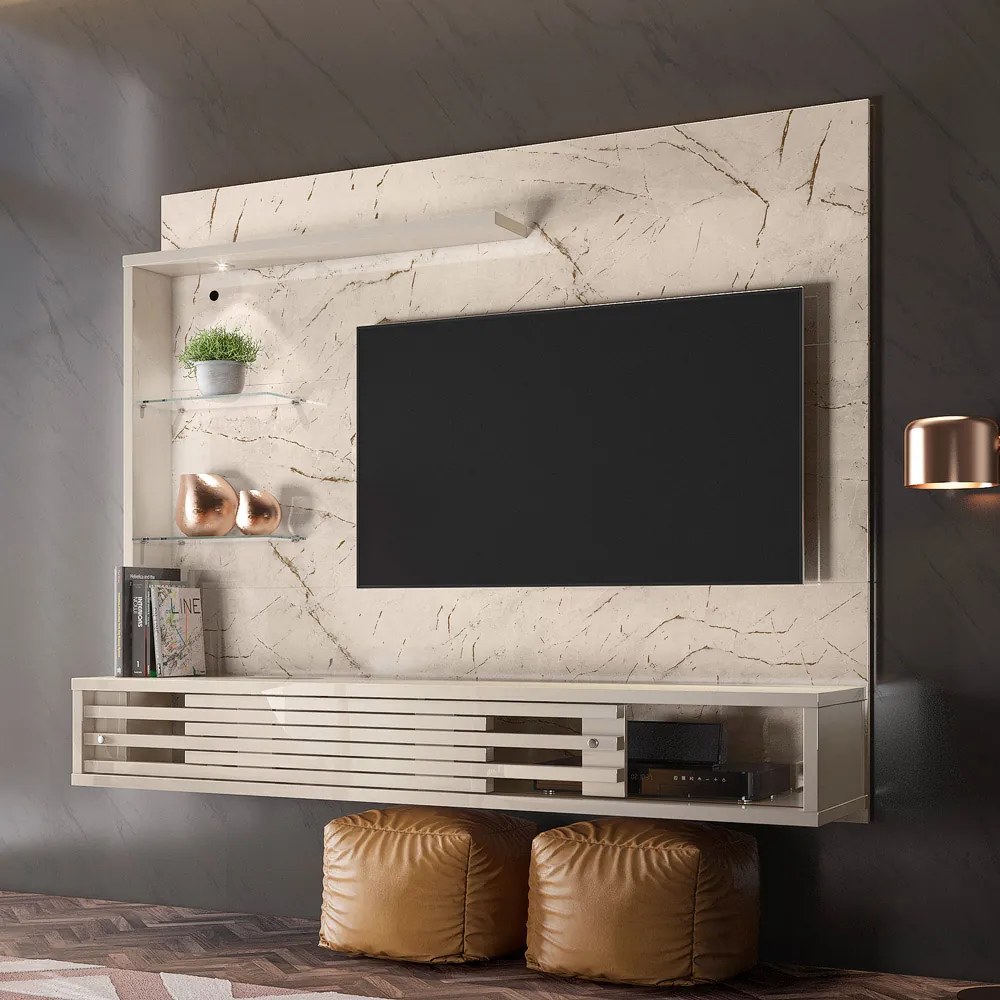 Painel TV 50 Pol 160cm Bancada Suspensa Sala Ravian Calacata/Off White M20 - D'Rossi