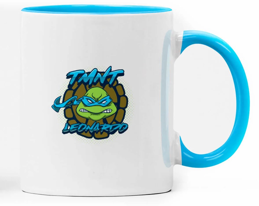 Caneca Tartarugas Ninjas Leonardo Geek Nerd Branca com Alça Azul Claro
