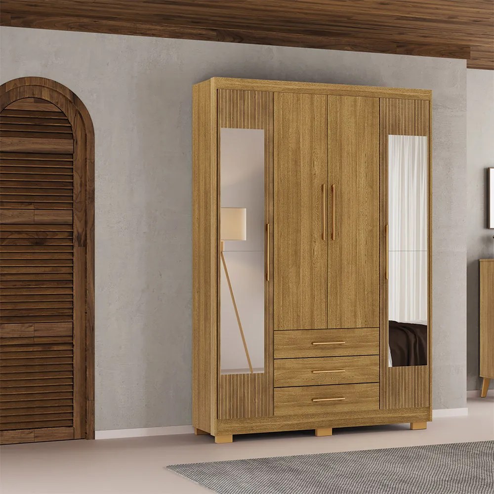 Guarda Roupa Solteiro Linna 150cm 4 Portas de Bater 2 com Espelhos 3 Gavetas Nature G98 - Gran Belo