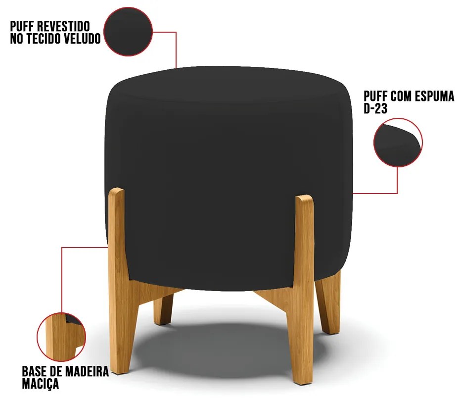 Puff Stella Veludo Base Madeira Castanho D03 - D'Rossi - Preto