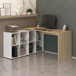 Mesa Escrivaninha em L 140x130cm 8 Nichos Eron A06 Carvalho/Branco - M