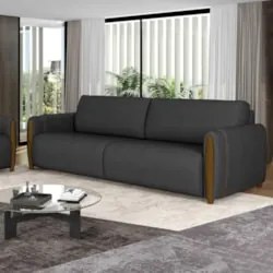 Sofá 3 Lugares 223cm Pés Madeira Amaranto Z32 PU Preto - Mpozenato
