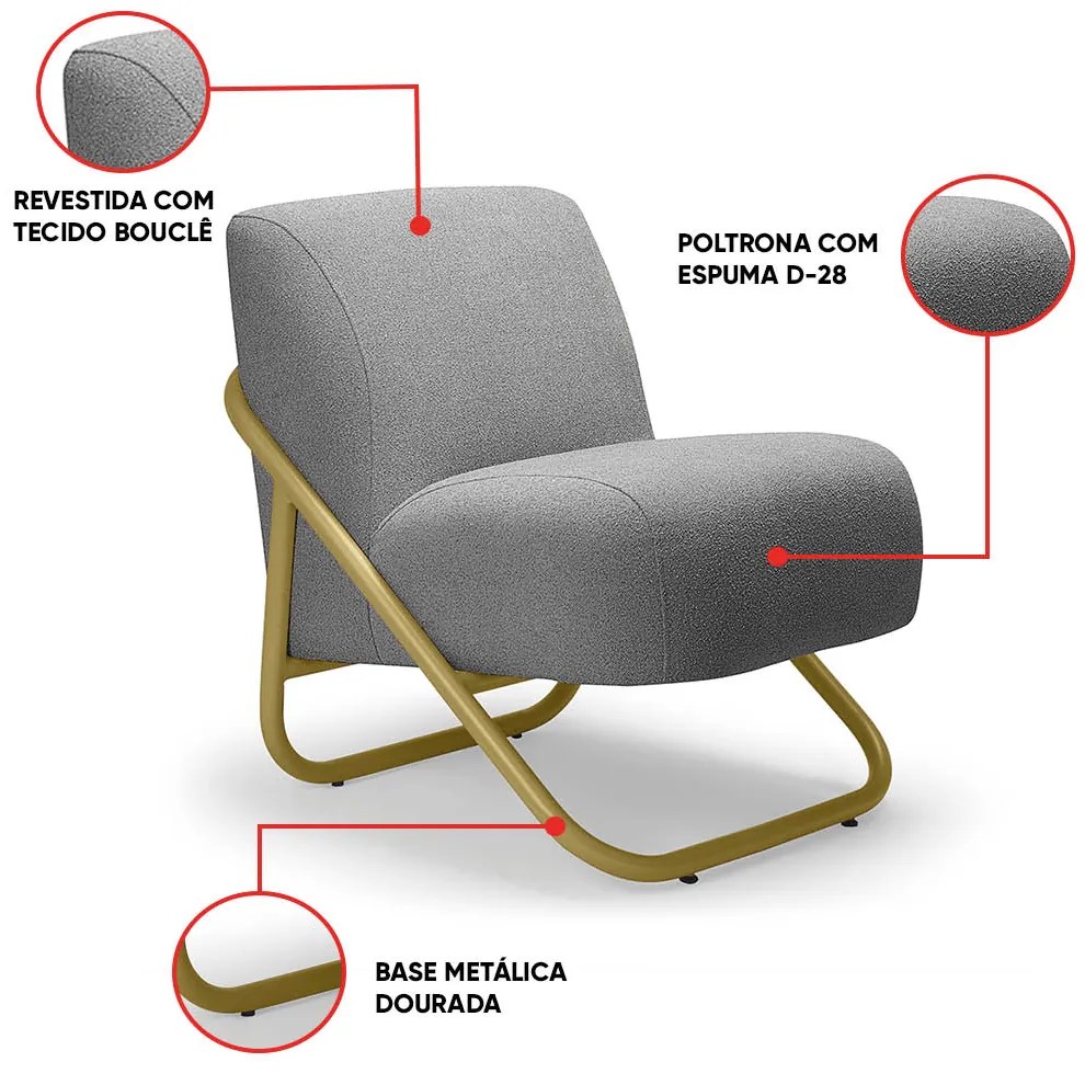Poltrona Sala Decorativa Industrial Dourado Martina Bouclê K01 - D'Rossi - Grafite