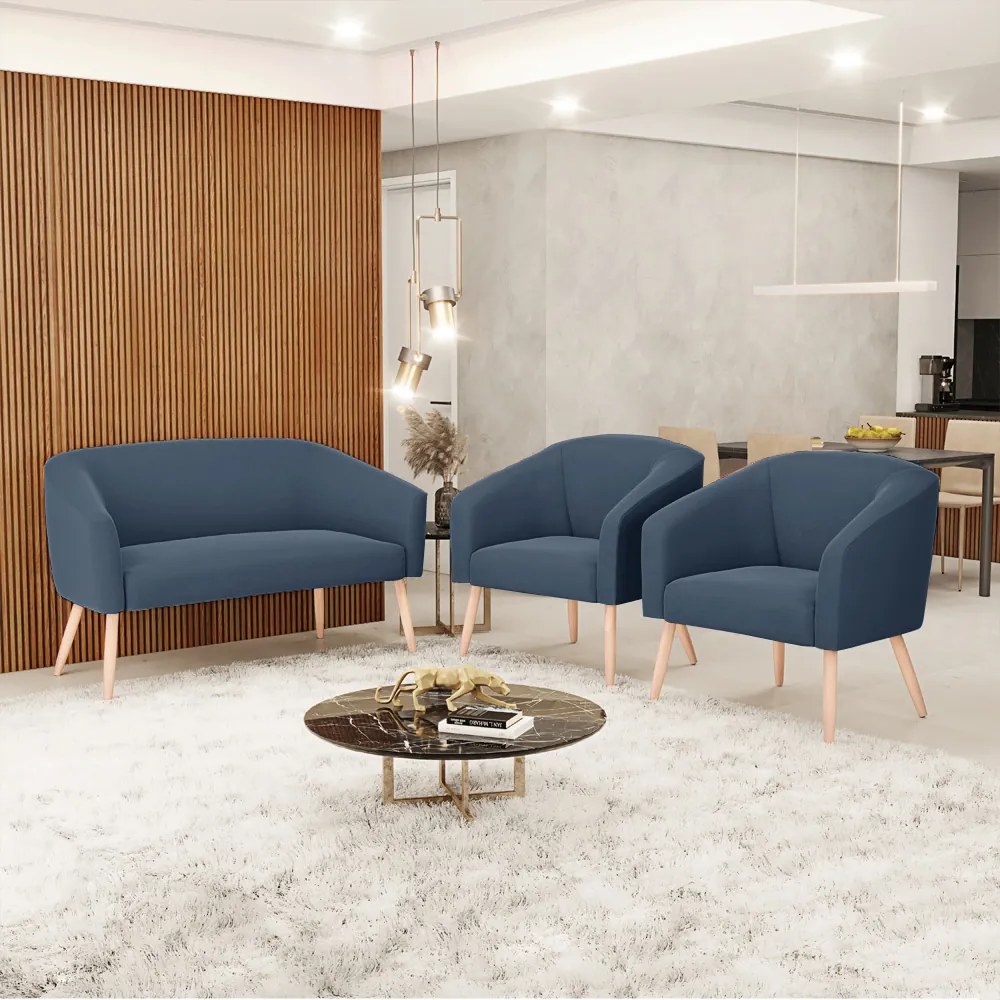 Namoradeira e 2 Poltronas Pé Palito Natural Stella Suede Azul Marinho D03 - D'Rossi