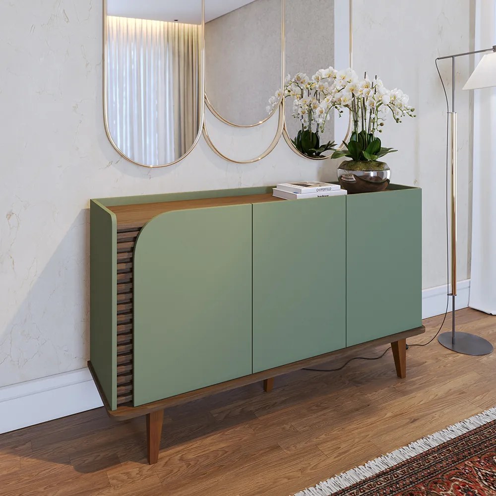 Aparador Buffet Sala de Jantar 3 Portas Ewa 136cm Verde Pistache/Amêndoa C04 - D'Rossi