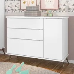 Cômoda Infantil 1 Porta 3 Gavetas 100% MDF Pés Retrô Melinda Branco -
