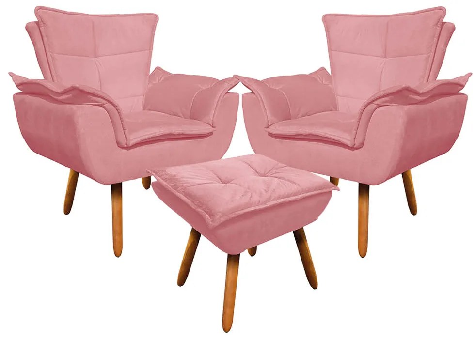 02 Poltronas e 01 Puff Pé Palito de Madeira Opala Suede D03 - D'Rossi - Rose