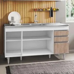 Balcão Gabinete com Pia Inox 150cm 4 Portas 2 Gavetas Marrocos Branco/