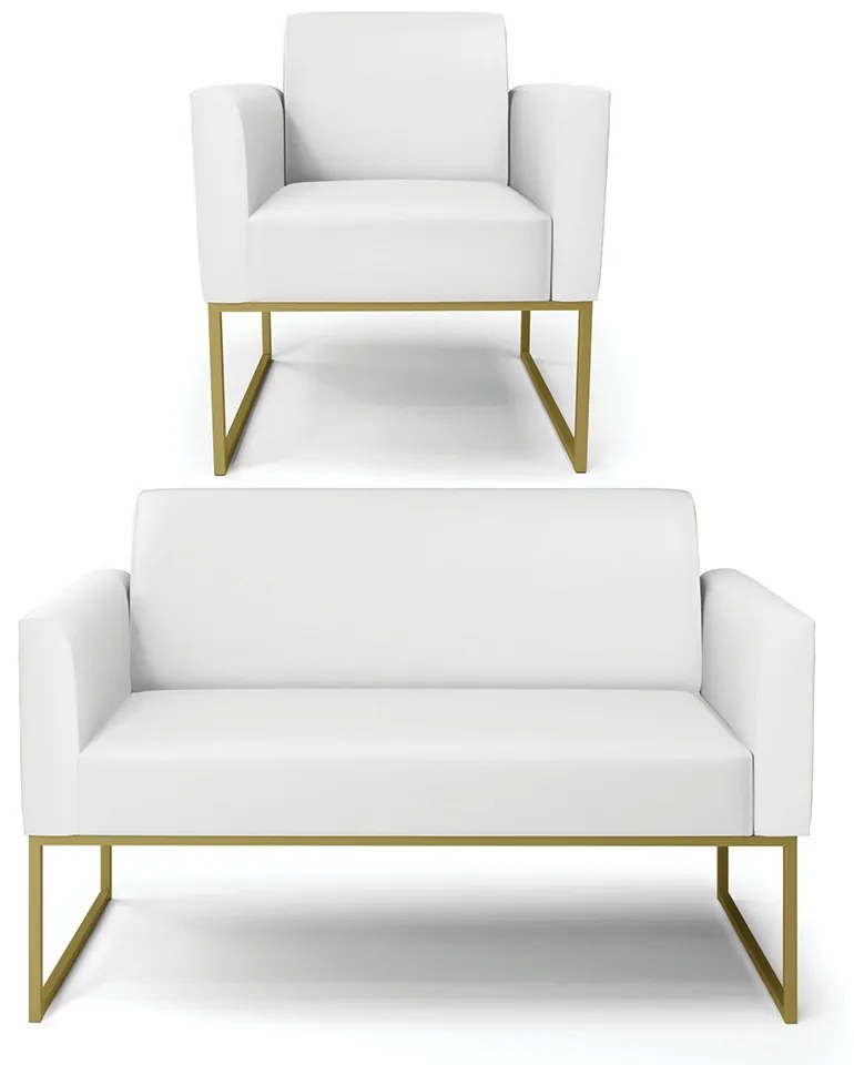 Sofá Namoradeira com Poltrona Base Industrial Dourado Marisa Corino D03 - D'Rossi - Branco