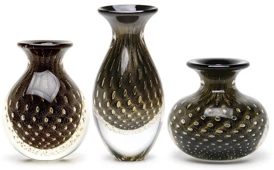 Trio de Vasos Mini Tela Preto com Ouro Murano Cristais Cadoro