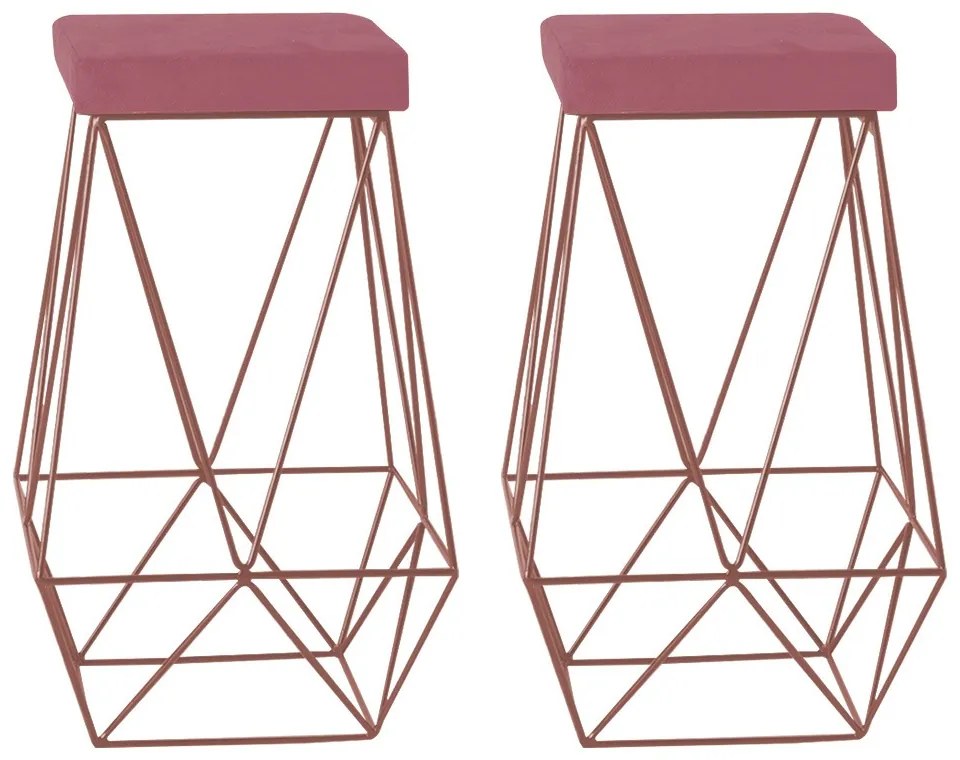 Kit 2 Banqueta Decorativa Kathy Base Bronze Suede Rosa G41 - Gran Belo