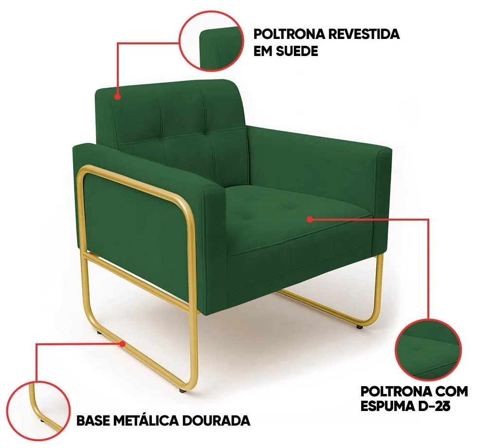 Poltrona Sala Industrial Alta Tubo Dourado Elisa Suede D03 - D'Rossi - Verde