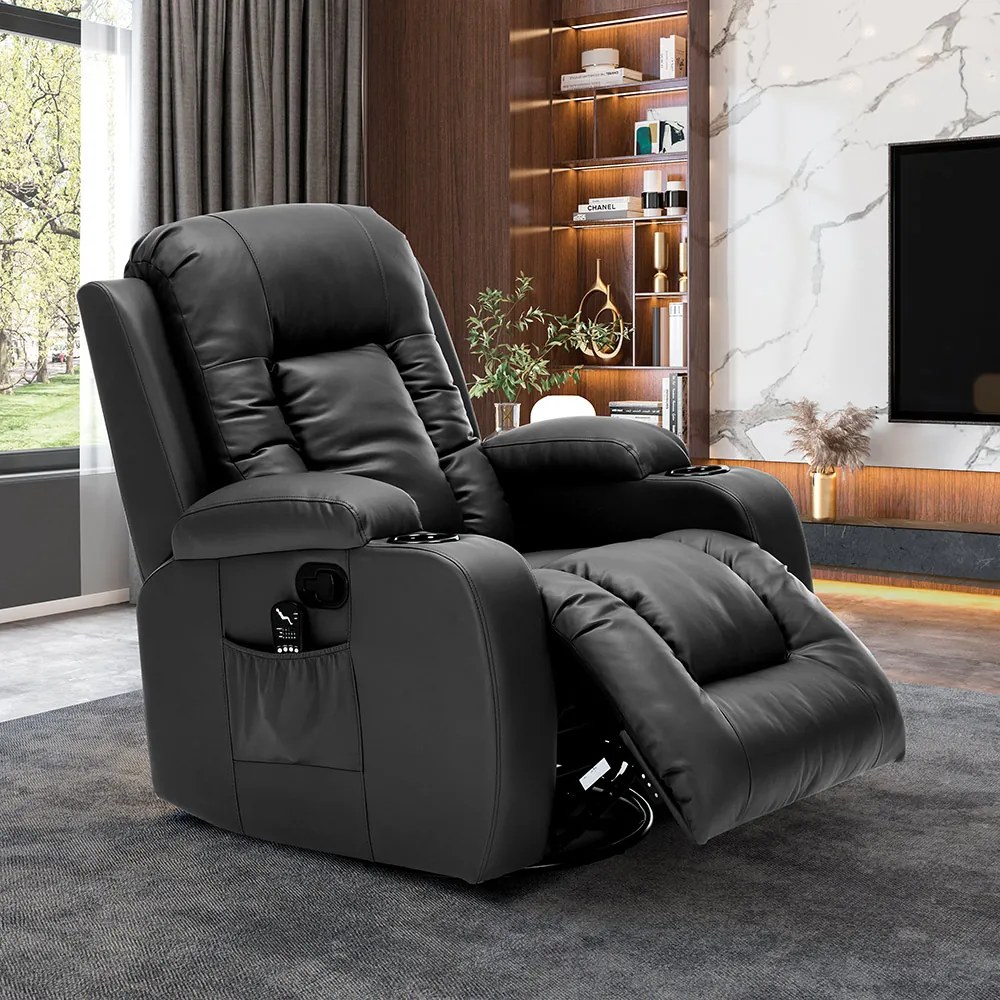 Cadeira com Massagem Poltrona do Papai Giratória Reclinável Manual Austin Aquecimento PU Preta G94 - Gran Belo