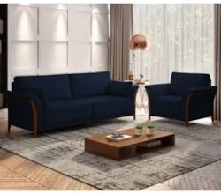Kit Sofá Living 3 Lugares e Poltrona 102cm Pés Madeira Roya Z32 Veludo
