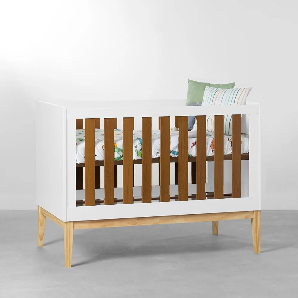 Berço Mini Cama Noah com Pés Square Natural - Branco e Savana
