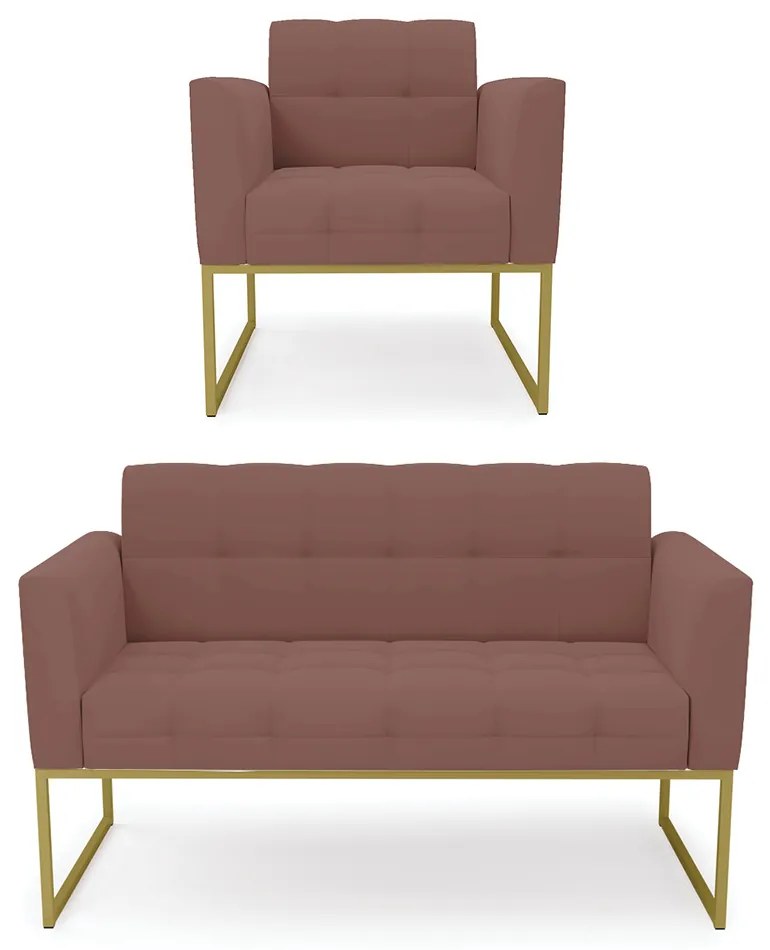 Kit 1 Sofá Namoradeira e 1 Poltrona Elisa Veludo Base Metálica Industrial Dourado - D'Rossi - Rose