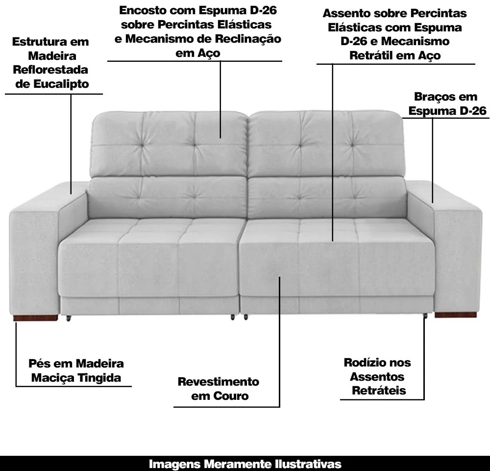 Sofá Sala de Estar Retrátil e Reclinável 4 Lugares Lisboa 250cm Couro Branco G58 - Gran Belo