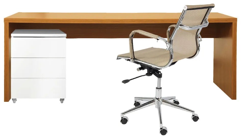 Conjunto Office - Bancada Contemporânea Louro Freijó 1,80cm + Módulo Contemporâneo Branco 42,5cm + Cadeira de Escritório Noruega Cobre