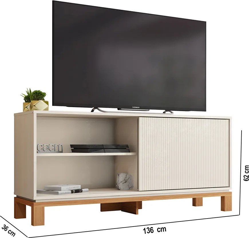 Rack Bancada Tv Para Sala de Estar 136cm Visari Off White/Freijó C01 - D'Rossi