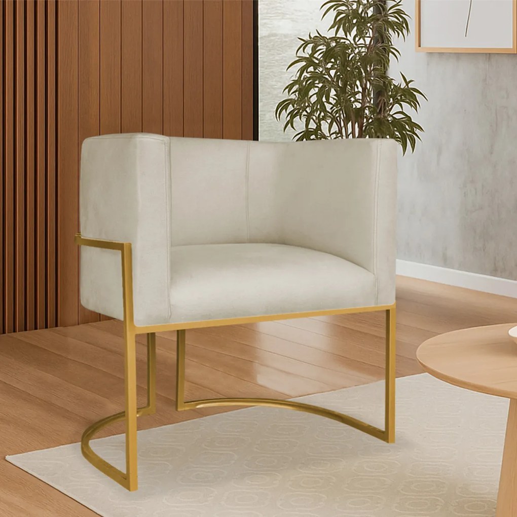 Poltrona Dália Luxo Moderna Estofada Design Sofisticado com Base de Ferro Dourado Linho