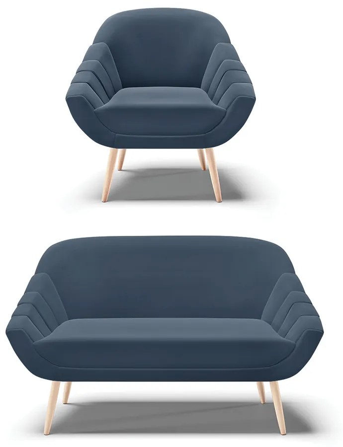 Kit 01 Namoradeira 02 Lugares e 01 Poltrona Giovana Suede Azul Marinho Pés Palito Natural - Indo Decorar