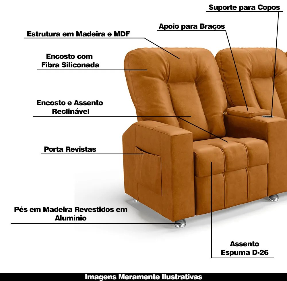 Poltrona do Papai Reclinável 2 Lugares Sala de Cinema Pequim Manual PU Whisky G23 - Gran Belo