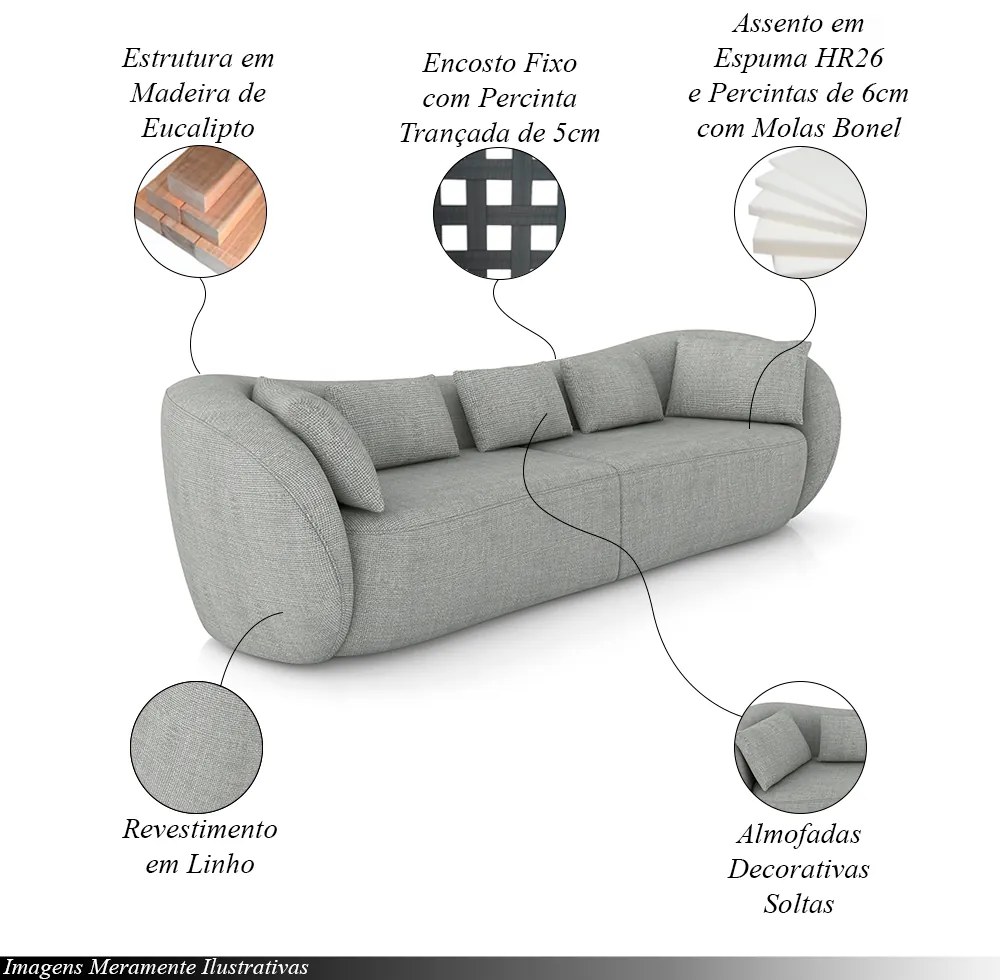 Sofá Bipartido Sala de Estar Diamond 252cm com Almofadas Soltas Linho Cinza Escuro G52 - Gran Belo
