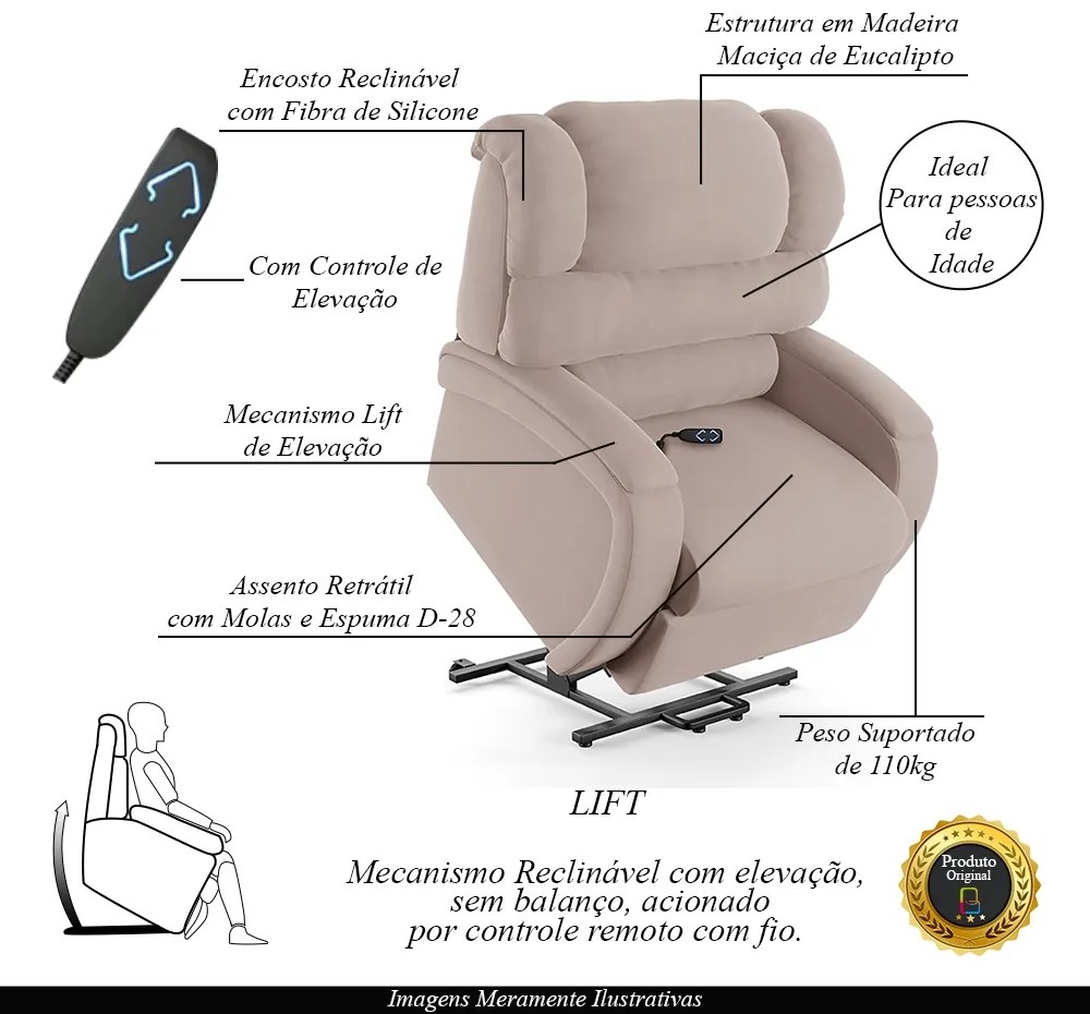 Poltrona do Papai Sala de Cinema Reclinável Kylie Elevação Lift Elétrico Veludo Rosê G23