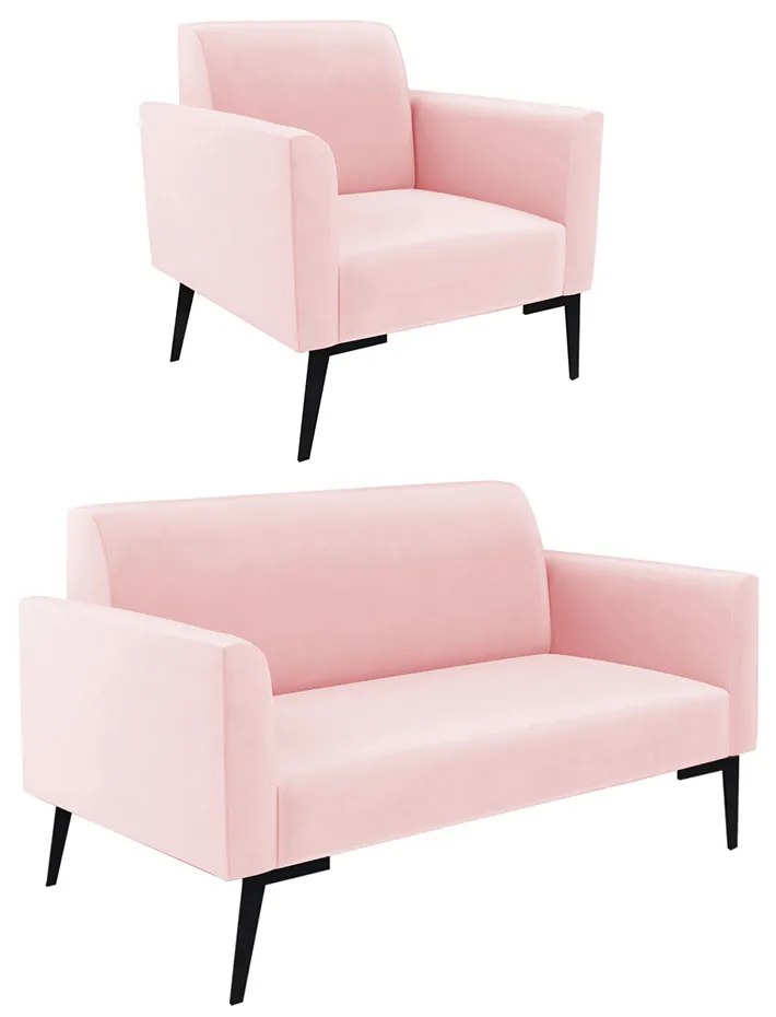 Sofá Namoradeira com Poltrona Pés Villach Marisa Suede D03 - D'Rossi - Rosa Bebê