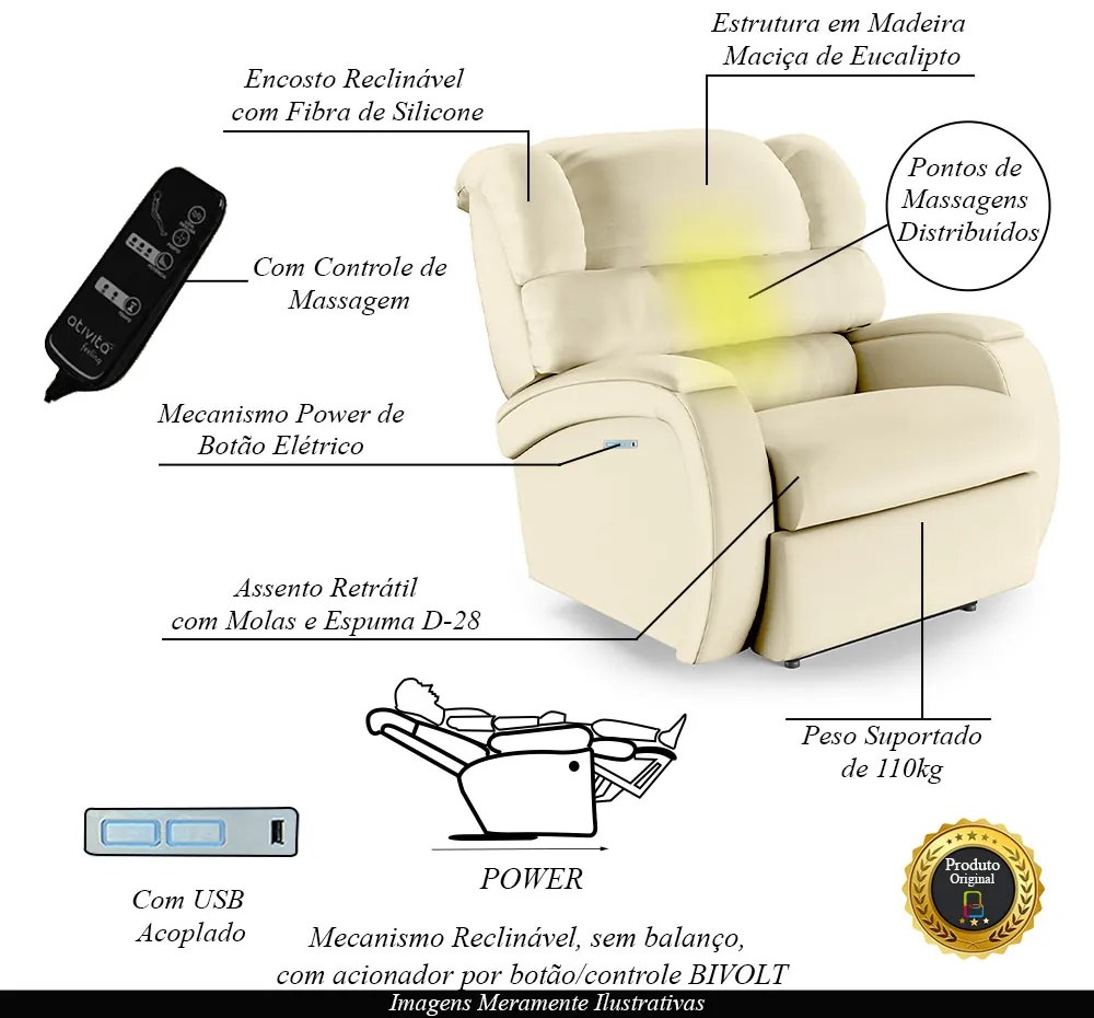Poltrona do Papai Sala de Cinema Reclinável Kylie Elétrica Botão com Led Massagem USB PU Bege G23