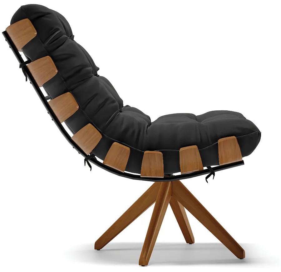 Poltrona Giratória Costela Suede Preto Base de Madeira MA30 M11 - D'Rossi