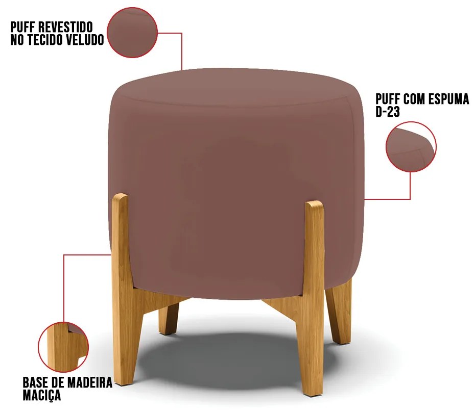 Puff Stella Veludo Base Madeira Castanho D03 - D'Rossi - Rose
