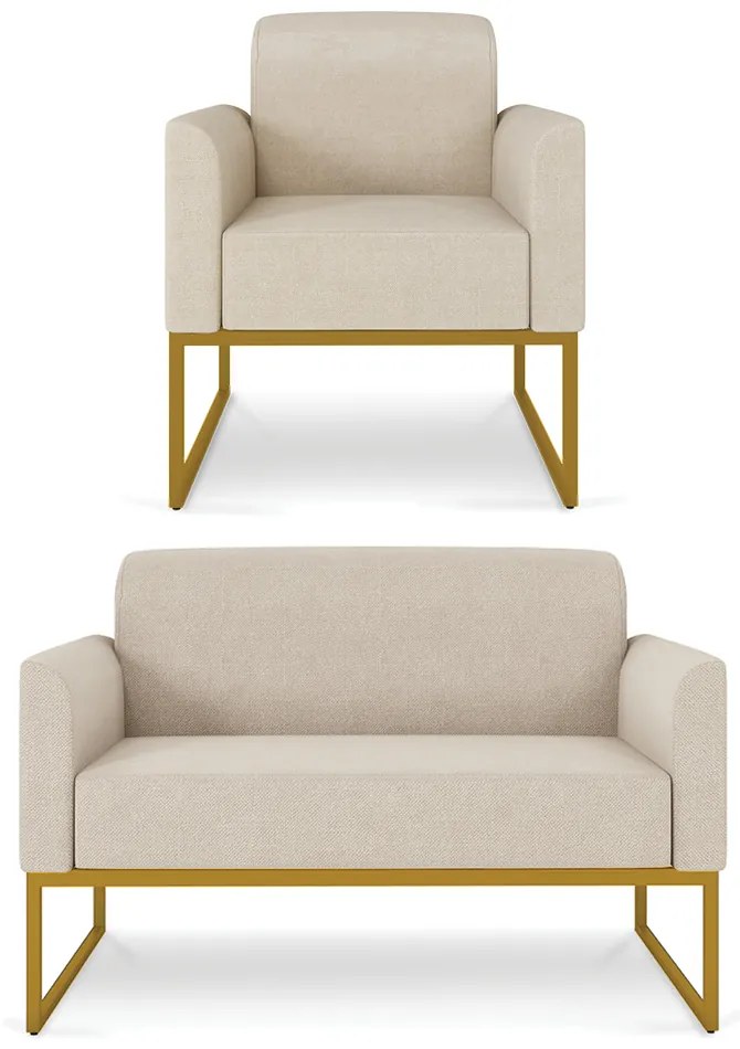 Sofá Namoradeira com Poltrona Base Industrial Dourado Marisa Linho D03 - DRossi - A27 Areia