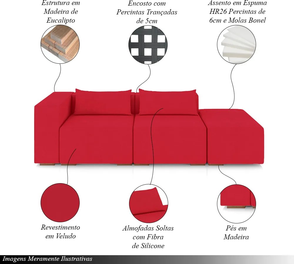 Sofá Versátil Sala de Estar Atlanta 298cm Modulado Veludo Vermelho G52 - Gran Belo