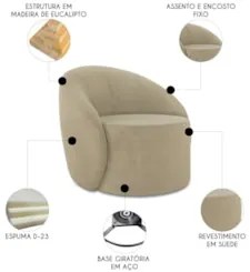 Poltrona Sala Giratória Redonda 91cm Steve Suede Marrom Rt I01 - Mpo