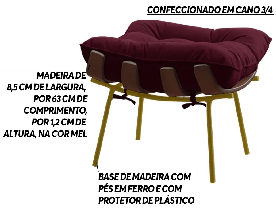 Puff Decorativo Sala de Estar Abel Base de Madeira Dourada Suede Bordô G41 - Gran Belo
