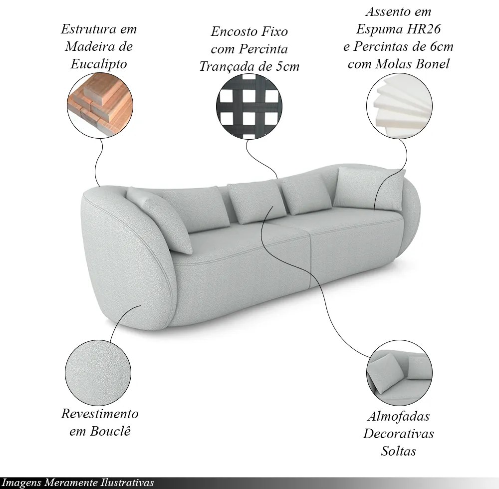 Sofá Bipartido Sala de Estar Diamond 212cm com Almofadas Soltas Bouclê Cinza G52 - Gran Belo